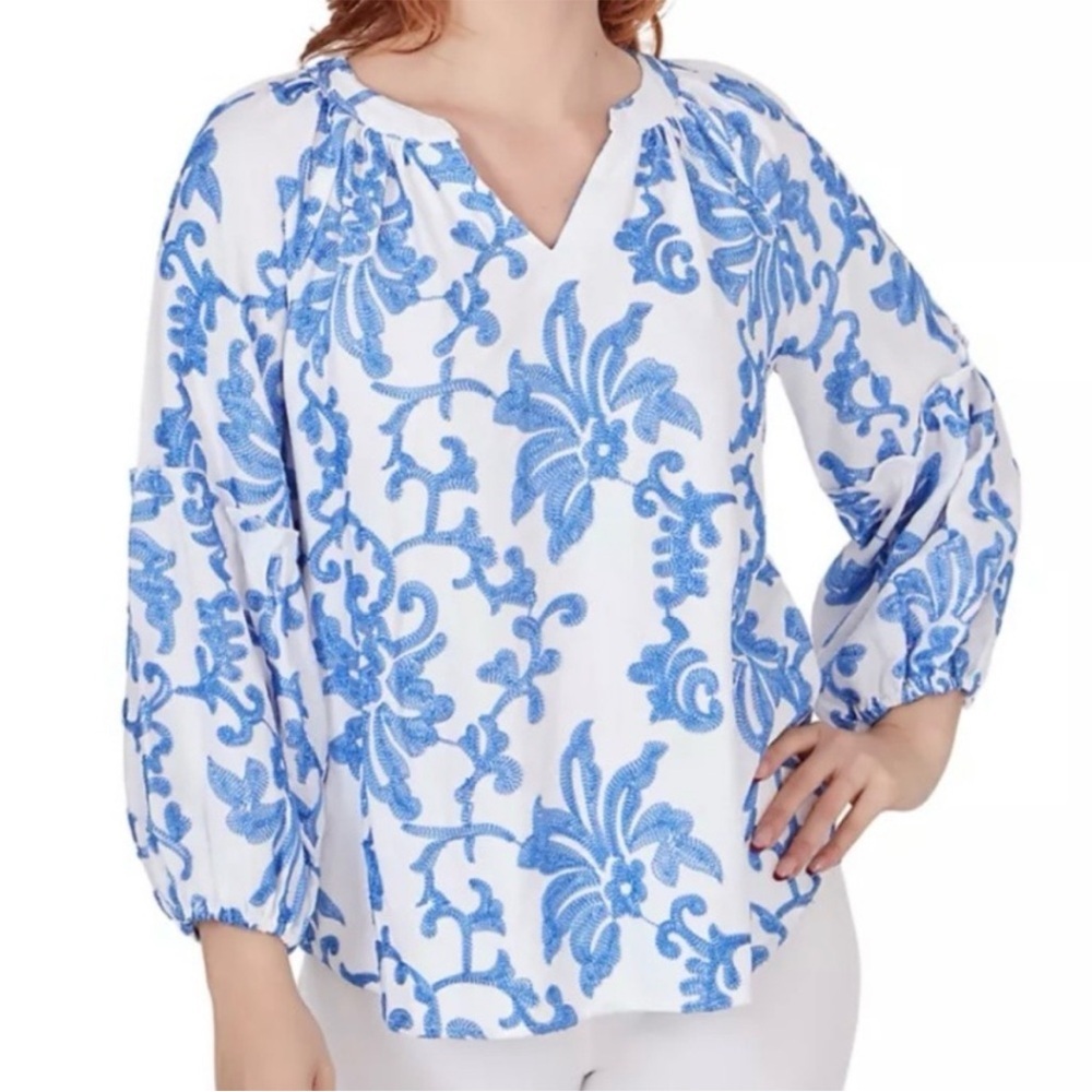 Ruby Rd. Embroidered Blouse Blue & White Chinoiserie Style Casual Dressy Plus 2X